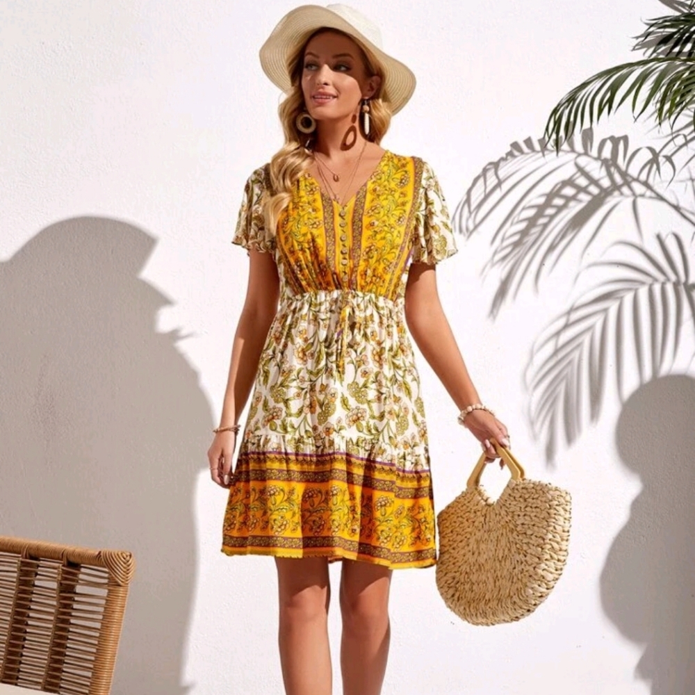 Women's yellow and white spring floral dress